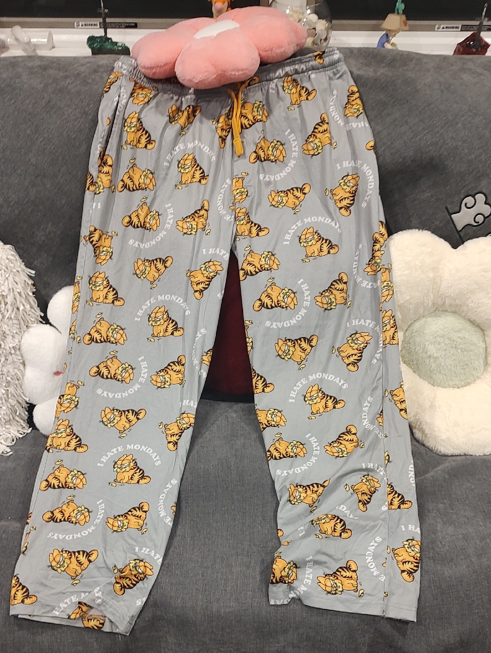 Men's Grey Garfield-Print Pajama Pants with Yellow Accent